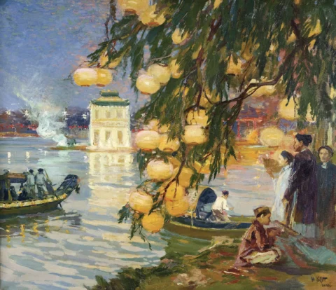 Henri Emile Vollet (1861-1945) Ecole française des peintres voyageurs d'Indochine. Fête de nuit sur le Petit Lac de Hanoï. Huile sur toile Adjugé à 32 000 €, Lynda Trouvé OVV