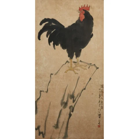 XU BEIHONG (1895-1953)Coq sur un rocher Peinture verticale à l’encre et couleurs sur papier. Adjugé à 60 000 €, Tajan