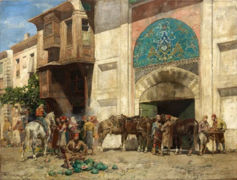 Alberto PASINI 1826 - 1899 Cavaliers devant la porte du bazar Huile sur toile Adjugé à 76 200 €