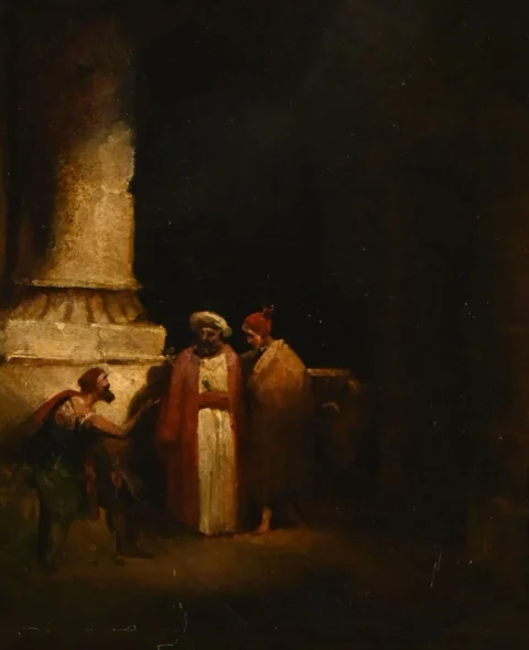 Alexandre Gabriel DECAMPS (1803 - 1860) "Turc dans l'intérieur d'une mosquée, l'un d'eux appuyé sur une des colonnes de l'édifice" Toile 29 x 23,5 cm Estimation : 5 000 € - 8 000 €