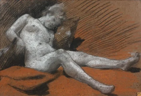 Alfred ROLL (1846-1919) Femme assoupie au canapé rouge Pastel, 34 x 51 cm Estimation : 3 000 € - 5 000 €