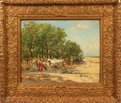 Victor Pierre HUGUET (1835-1902) La halte sous les arbres Huile sur panneau Adjugé à 6 000 €