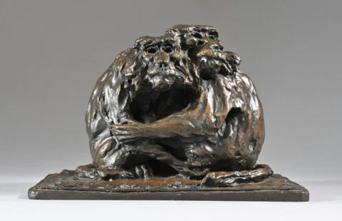 RIGHETTI Guido ( 1875 / 1958 )Deux babouins enlacés. Bronze à patine brun nuancé. UDB éditeur, Cachet Chapon, Édition limitée 1/8. Fondu en 2021 Adjugé à 3 500 € 