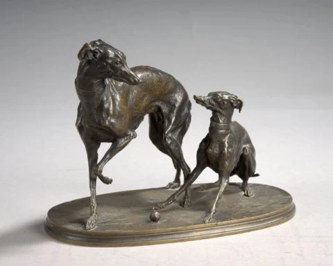 Pierre-Jules MÊNE (Paris, 1810 - 1879) Levrettes jouant à la balle Bronze à patine brun nuancé Signé 'P.J. Mêne' sur la terrasse Adjugé à 590 €