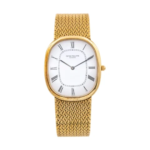 PATEK PHILIPPE ELLIPSE REF. 3738 IN YELLOW GOLD - From 1990 Reference N° 3738 Serial N° 5439*** Year: 1990 circa Material: 18k yellow gold Weight: 105g Dimensions: 30mm Calibre: Manual Crystal: Sapphire Bracelet: 18k yellow gold integrated