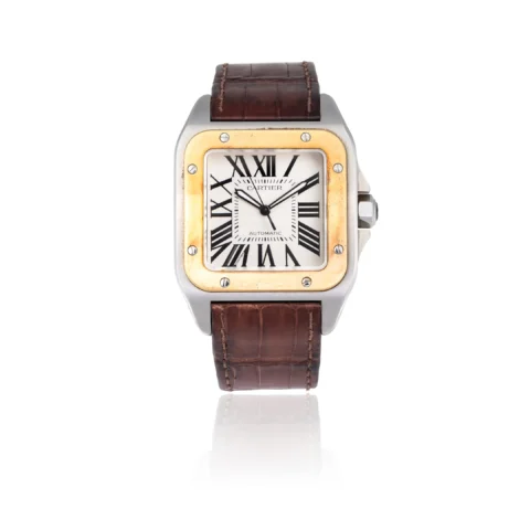 CARTIER Santos 100 Montre bimétallique. Années 2000 Réf. 2656. Boîtier en acier n° W20072X7, 38 x 51 mm, lunette en or jaune 750, cadran blanc, chiffres romains, aiguilles luminescentes, mouvement mécanique, bracelet en alligator à boucle déployante