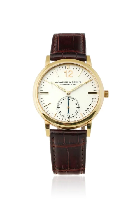 A. Lange &, Söhne, Langematik Sax-O-Mat, montre petite seconde en or 750 Mouvement: cal. L921.2, automatique, 36 rubis, n°22069 Boîtier: n°125596, diam. 37 mm, fond en verre laissant apparaître le mouvement Complication: compteur subsidiaire pour les secondes Bracelet Bucherer