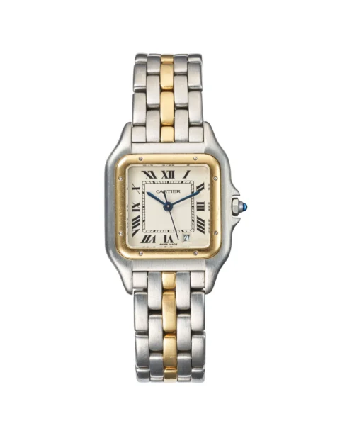 Cartier, Panthère, réf. 8394, montre-bracelet en acier et or Mouvement: cal. 83, quartz, 9 rubis Boîtier: n°83949013992, larg. 27 mm Complication: date à guichet Signature: cadran, mouvement, boîtier, bracelet Etat général: Très bon. Cadran argenté mat: Excellent état.