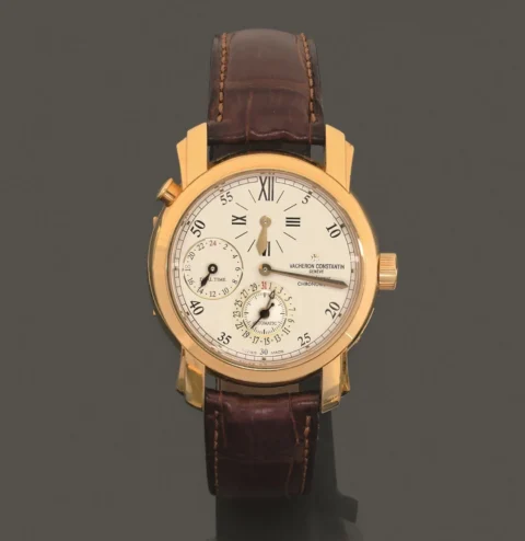 VACHERON CONSTANTIN. MALTE RÉGULATEUR DUAL TIME. RÉF. 42005/000J-8901. VENDUE EN 2001. Montre bracelet en or jaune 18k (750 millièmes) sur cuir avec second fuseau horaire et date.