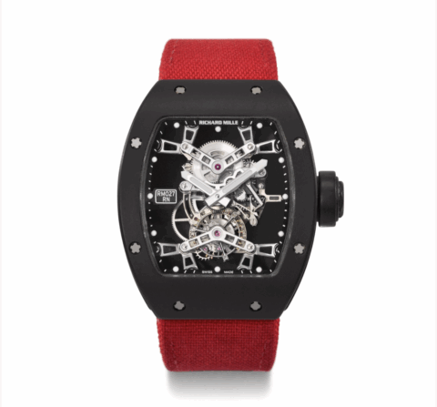 RICHARD MILLE. AN EXTREMELY IMPORTANT ULTRA-LIGHTWEIGHT CARBON COMPOSITE TOURBILLON WRISTWATCH WITH BOX SIGNED RICHARD MILLE, RAFAEL NADAL MODEL, REF. RM027 AK-CA, PROTOTYPE, CIRCA 2010