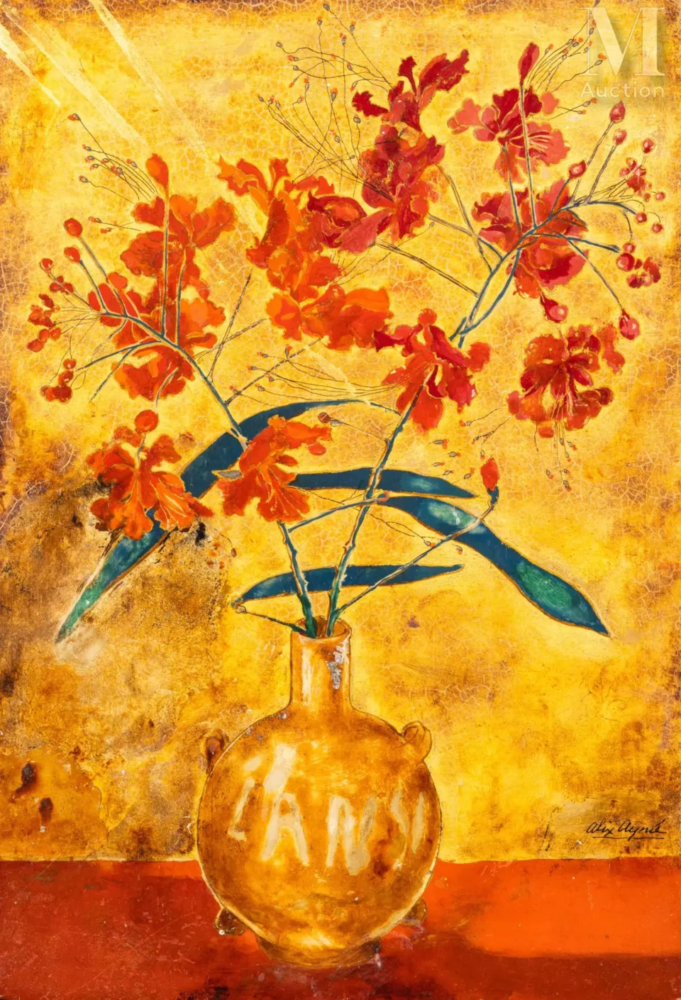 ALIX AYMÉ (1894-1989)"Bouquet de fleurs" Panneau en bois laqué polychrome