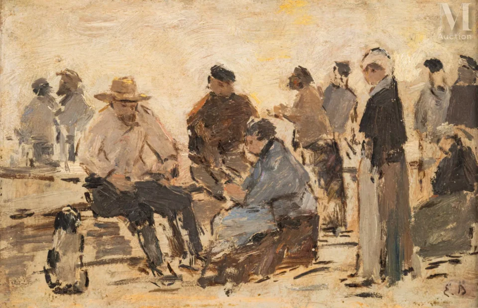 Eugène Louis BOUDIN (Honfleur 1824- Deauville 1898) Marché, paysans bavardant, vers 1880-1885 Huile sur panneau