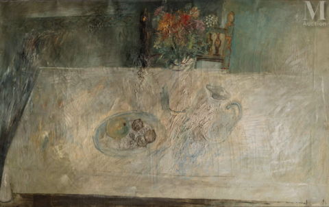 Youri Pavlovitch ANNENKOV dit Georges ANNENKOFF (1889-1974) Nature morte au bouquet de fleurs, pichet et coupe de fruits, circa 1930