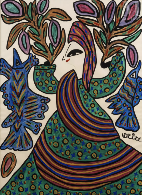 BAYA (Fatma Haddad Mahieddine) (1931-1998) Danseuse aux fleurs et poissons, 1989