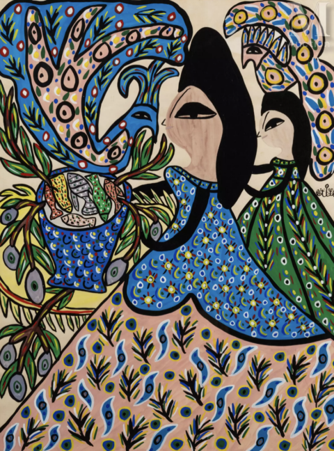 BAYA (Fatma Haddad Mahieddine) (1931-1998) Femmes aux paons et panier de poissons, 1977