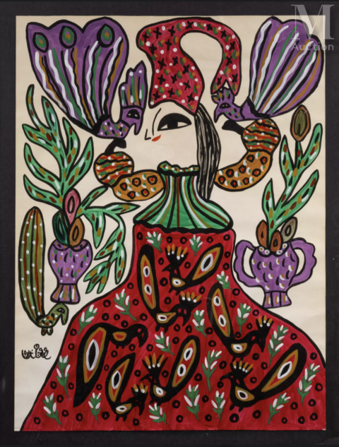 BAYA (Fatma Haddad Mahieddine) (1931-1998) Danseuses aux vases et aux paons, 1989