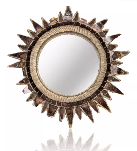 Line VAUTRIN (1913 - 1997) Soleil à pointe n° 2, Circa 1955 Miroir concave à double encadrement rayonnant en talosel composé de verre miroir teinté mauve.